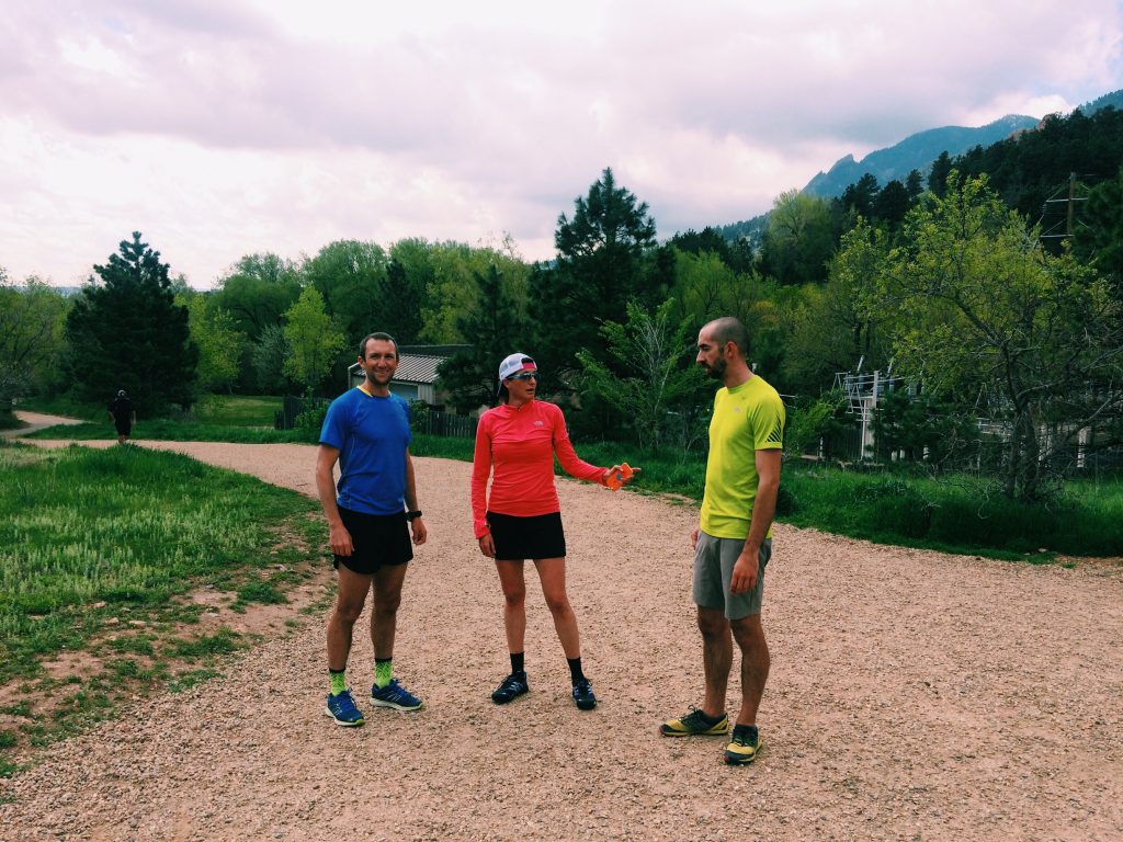 The North Face ultrarunner Mike Wolfe (left), Allison Pattillo (middle), and member of Backpacker magazine (right) run Mt. Sanitas with SGB Sports & Fitness Editor, Jahla Seppanen.