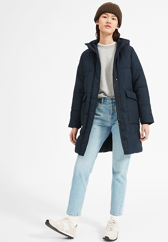 Everlane Puffer Coat S ReNew Redown Jacket Pocket Recycle Blue Hood Zipper