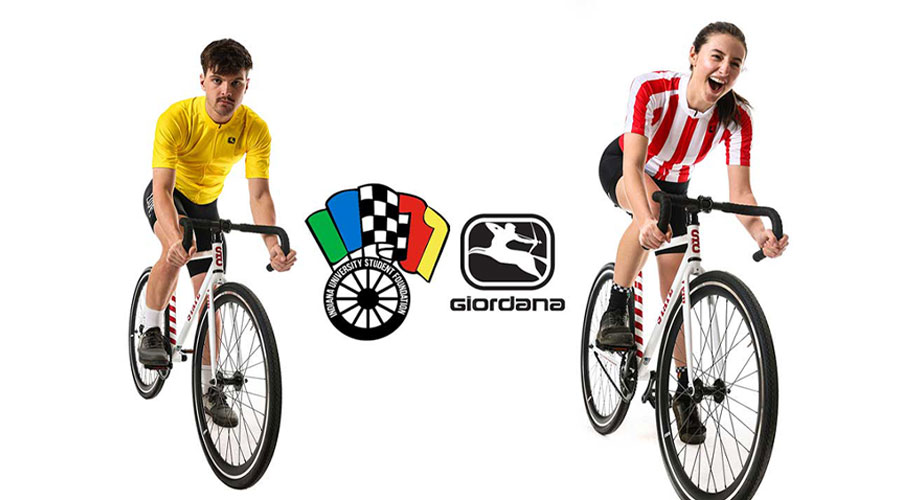 two indiana university students are pictured on bicycles wearing giordana cycling jerseys